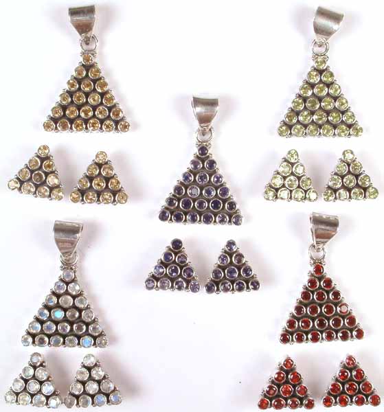 Lot of Five Triangular Faceted Gemstone Pendant & Earrings Set