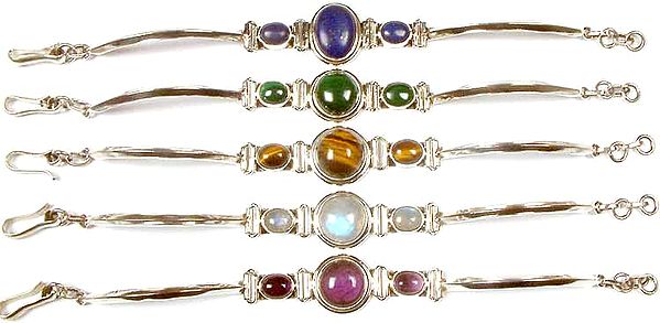 Lot of Five Triple Gemstone Bracelets<br>(Lapis Lazuli, Malachite, Tiger Eye, Rainbow Moonstone & Amethyst)