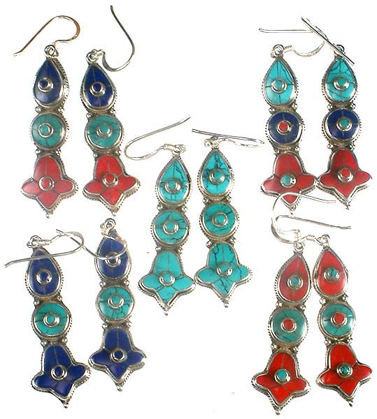 Lot of Five Turquoise, Lapis Lazuli & Coral Earrings