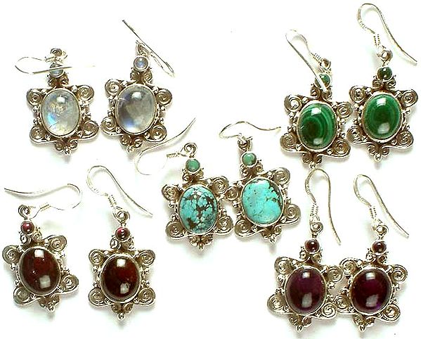 Lot of Five Twin Gemstone Earrings (Rainbow Moonstone, Malachite, Turquoise, Garnet, & Amethyst)