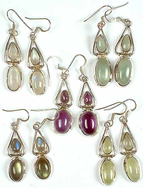 Lot of Five Twin Gemstone Hinged Earrings<br>(Rainbow Moonstone, Aquamarine, Amethyst, Labradorite & Prehnite)