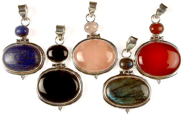 Lot of Five Twin Gemstone Pendants<br>(Lapis Lazuli, Black Onyx, Rose Quartz, Labradorite & Carnelian)