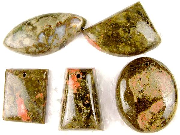 Lot of Five Unakite Cabochons (Both Side & Top Drilled)