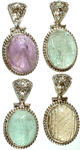 Lot of Four Carved Gemstone Pendants<br>(Amethyst, Agate, Agate and Lemon Topaz