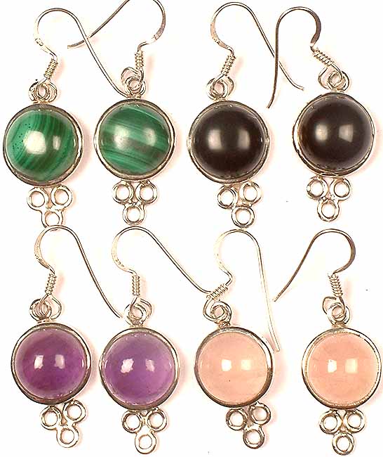 Lot Of Four Circular Gemstone Earrings<br>(Malachite, Black Onyx, Amethyst and Rose Quartz)