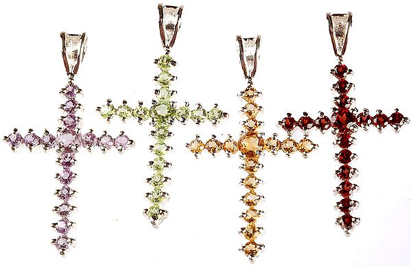 Lot of Four Faceted Gemstone Cross (Amethyst, Peridot, Citrine and Garnet)