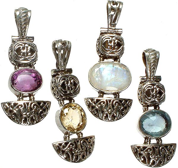 Lot of Four Faceted Gemstone Pendants (Amethyst, Citrine, Rainbow Moonstone and Blue Topaz)