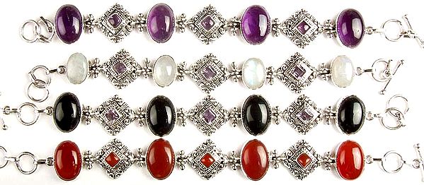 Lot of Four Gemstone Bracelets (Amethyst, Rainbow Moonstone, Black Onyx and Carnelian)