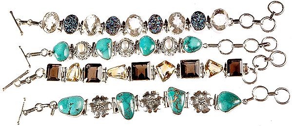 Lot of Four Gemstone Bracelets (Crystal, Peacockolite, Turquoise, Pearl, Smoky Quartz and Lemon Topaz)