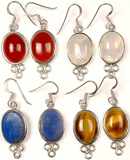 Lot Of Four Gemstone Cabochon Earrings<br>(Carnelian, Rainbow Moonstone, Lapis Lazuli and Tiger Eye)