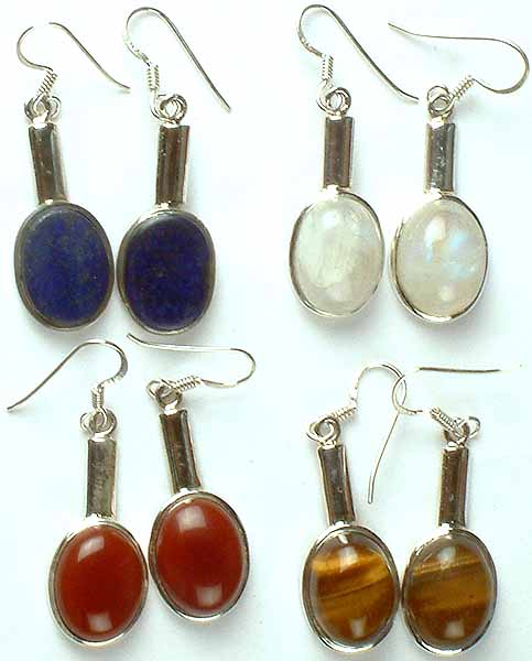Lot of Four Gemstone Cabochon Earrings<br>(Lapis Lazuli, Rainbow Moonstone, Carnelian & Tiger Eye)