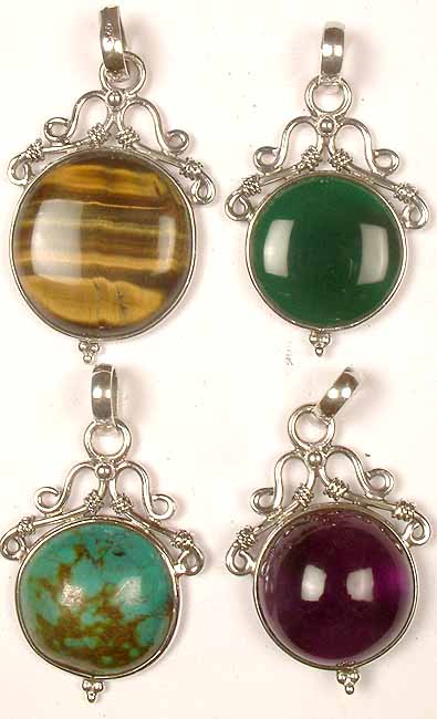 Lot Of Four Gemstone Circular Pendants<br>(Tiger Eye, Green Onyx, Turquoise & Amethyst)