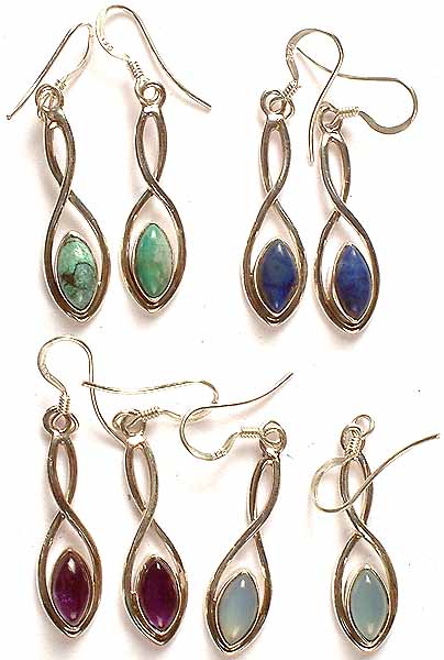 Lot of Four Gemstone Earrings (Turquoise, Lapis Lazuli, Amethyst, & Blue Chalcedony)