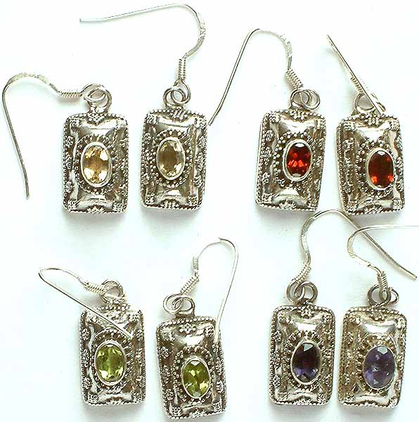 Lot of Four Gemstone Earrings with Granulation<br>(Faceted Citrine, Garnet, Peridot and Iolite)