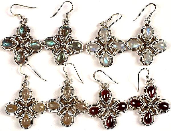 Lot of Four Gemstone Earrings<br>(Labradorite, Rainbow Moonstone, Golden Rutile & Garnet)