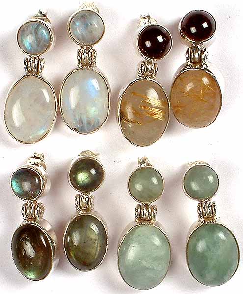 Lot of Four Gemstone Earrings<br>(Rainbow Moonstone, Garnet, Golden Rutile, Labradorite & Aquamarine)