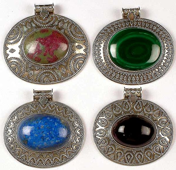 Lot of Four Gemstone Granulated Pendants<br>(Ruby Zoisite, Malachite, Lapis Lazuli & Amethyst)