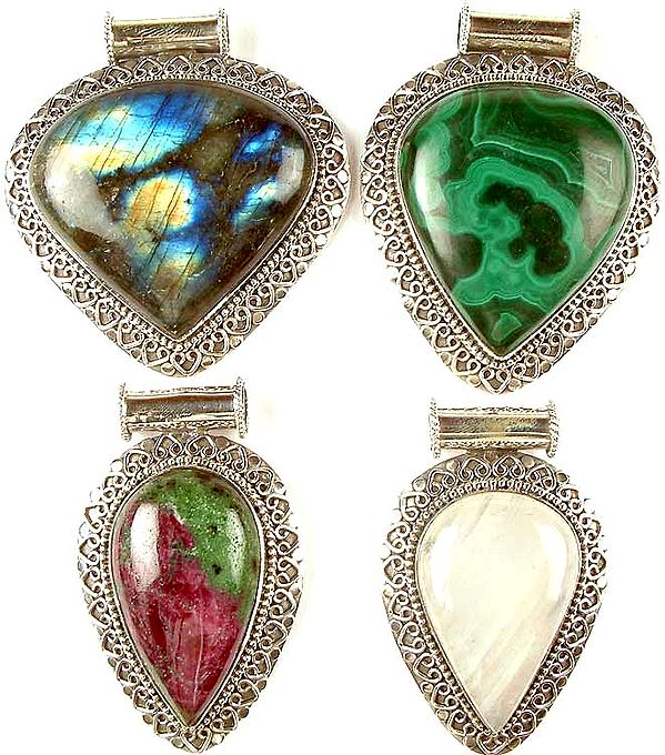 Lot of Four Gemstone Inverted Tear Drop Pendants<br>(Labradorite, Malachite, Ruby Zoisite & Rainbow Moonstone)