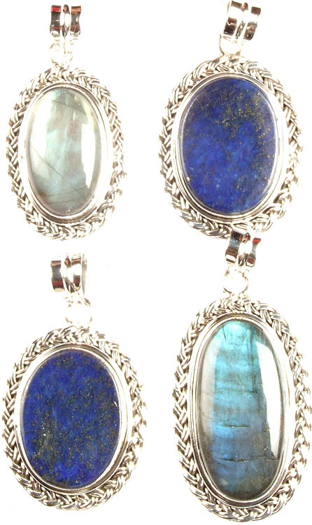 Lot of Four Gemstone Oval Pendants (Labradorite, Lapis Lazuli, Lapis Lazuli and Labradorite)