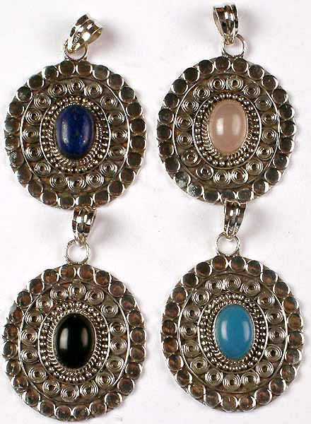 Lot of Four Gemstone Pendants with Spirals<br>(Lapis Lazuli, Rose Quartz, Black Onyx & Blue Chalcedony)