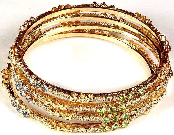 Lot of Four Golden Bangles with Multi-color Cut Glass