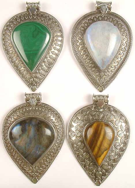 Lot of Four Inverted Tear Drop Gemstone Pendants with Granulation<br>(Malachite, Rainbow Moonstone, Labradorite & Tiger Eye)