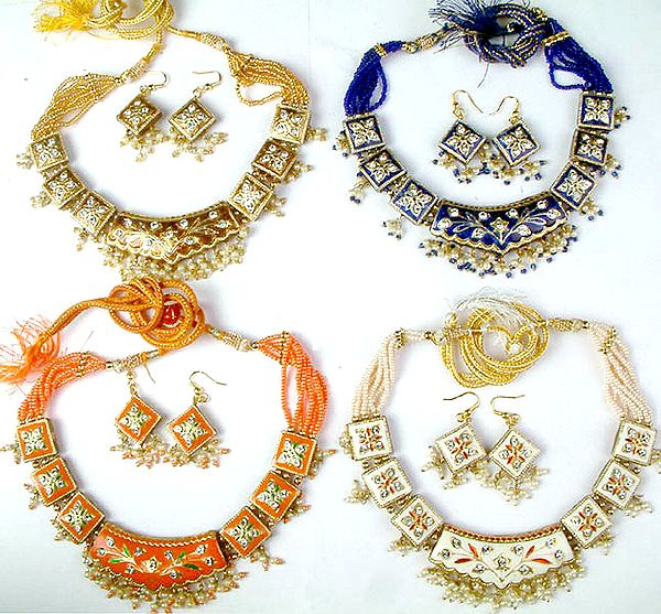 Lot of Four Multi-Color Necklaces with Floral Motifs and Matching Earrings Set