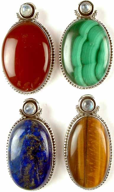 Lot of Four Oval Gemstone Pendants with Rainbow Moonstone