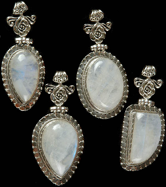 Lot of Four Rainbow Moonstone Pendants with Blooming Flowers