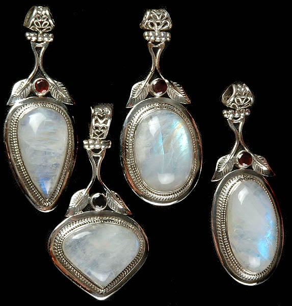 Lot of Four Rainbow Moonstone Pendants with Garnet and Sterling Leaves