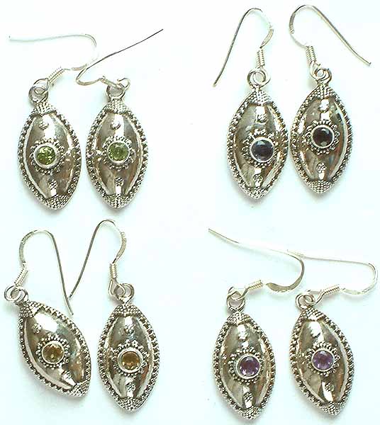 Lot of Four Sterling Beads Earrings with Faceted Gemstone (Peridot, Iolite, Citrine and Amethyst)