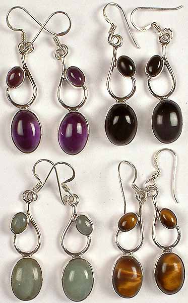 Lot of Four Twin Gemstone Earrings<br>(Amethyst, Black Onyx, Aquamarine & Tiger Eye)