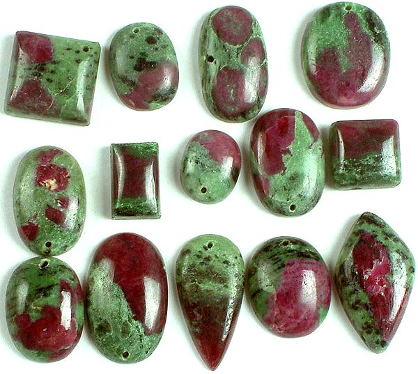 Lot of Fourteen Drilled and Undrilled Ruby Zoisite Cabochons