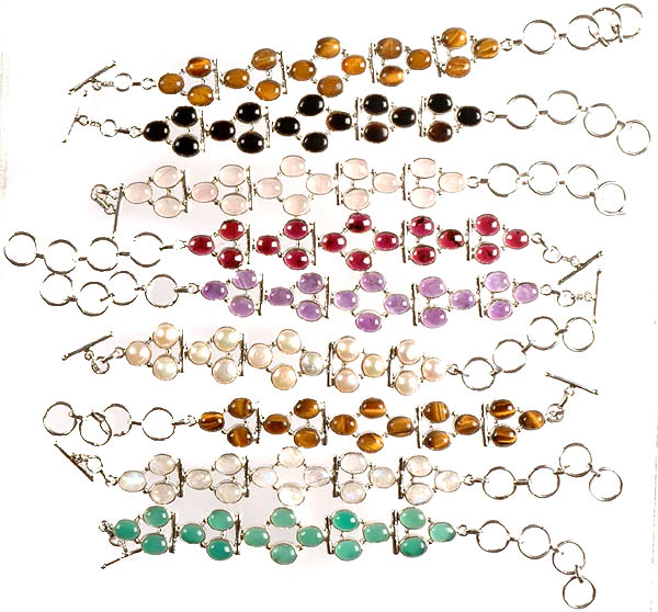 Lot of Nine Gemstone Bracelets (Tiger Eye, Rose Quartz, Garnet, Amethyst, Pearl, Tiger Eye, Rainbow Moonstone and Green Onyx)