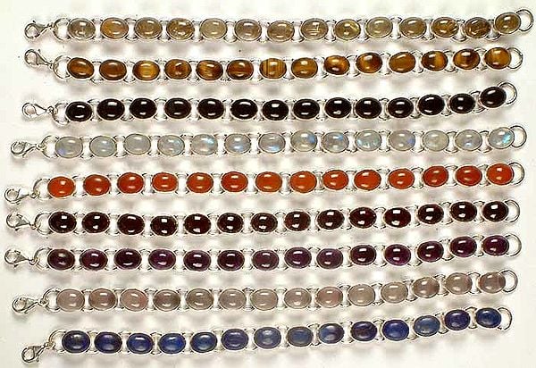Lot of Nine Gemstone Bracelets<br>(Golden Rutile, Tiger Eye, Black Onyx, Rainbow Moonstone, Carnelian, Garnet, Amethyst, Rose Quartz & Lapis Lazuli)