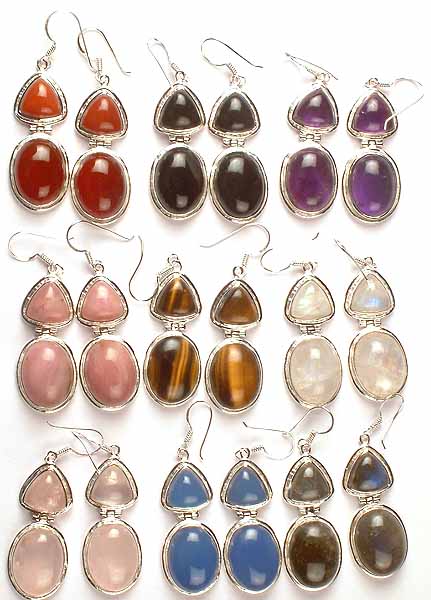 Lot of Nine Gemstone Cabochon Hinged Earrings (Carnelian, Black Onyx, Amethyst, Pink Opal, Tiger Eye, Rainbow Moonstone, Rose Quartz, Blue Chalcedony & Labradorite)