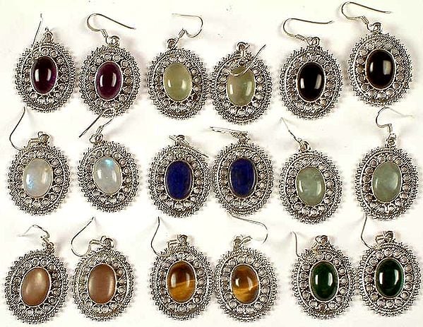 Lot of Nine Gemstone Earrings<br>(Amethyst, Prehnite, Black Onyx, Rainbow Moonstone, Lapis Lazuli, Aquamarine, Orange Moonstone, Tiger Eye & Malachite)