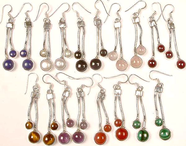 Lot of Nine Gemstone Earrings<br>(Lapis Lazuli, Pearl, Black Onyx, Rose Quartz, Garnet, Tiger Eye, Amethyst, Carnelian, and Malachite)