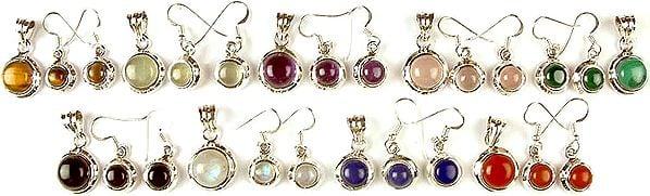 Lot of Nine Gemstone Pendants & Earrings Sets<br>(Tiger Eye, Prehnite, Amethyst, Rose Quartz, Malachite, Black Onyx, Rainbow Moonstone, Lapis Lazuli & Carnelian)