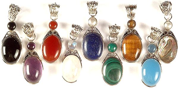 Lot of Nine Gemstone Pendants (Black Onyx, Amethyst, Carnelian, Rainbow Moonstone, Lapis Lazuli, Malachite, Tiger Eye, Blue Chalcedony, and Abalone with Pearl)