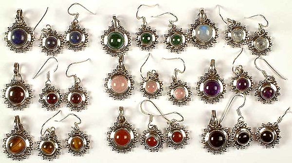 Lot of Nine Gemstone Pendants with Matching Earrings<br>(Lapis Lazuli, Malachite, Rainbow Moonstone, Garnet, Rose Quartz, Amethyst, Tiger Eye, Carnelian & Black Onyx)