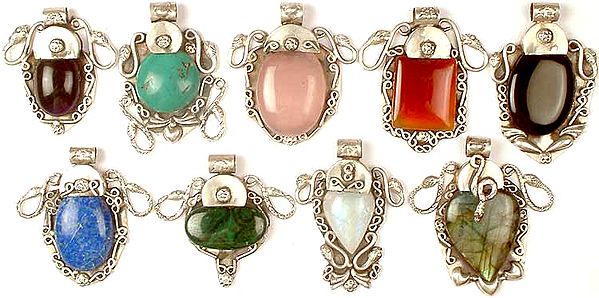 Lot of Nine Gemstone Pendants with Serpents&lt;br&gt;(Amethyst, Turquoise, Rose Quartz, Carnelian, Black Onyx, Lapis Lazuli, Malachite, Rainbow Moonstone & Labradorite)