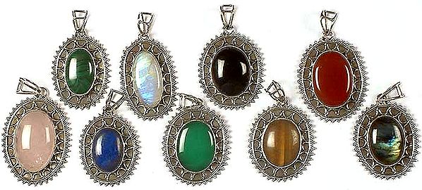 Lot of Nine Gemstone Pendants<br>(Malachite, Rainbow Moonstone, Black Onyx, Carnelian, Rose Quartz, Lapis Lazuli, Green Onyx, Tiger Eye & Labradorite)