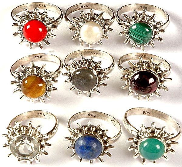 Lot of Nine Gemstone Rings<br>(Redstone, Pearl, Malachite, Tiger Eye, Labradorite, Garnet, Faceted Crystal, Lapis Lazuli and Green Onyx)