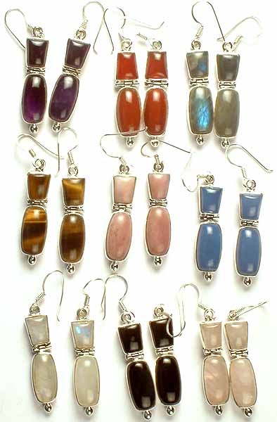 Lot of Nine Twin Gemstone Hinged Earrings (Amethyst, Carnelian, Labradorite, Tiger Eye, Pink Opal Blue Chalcedony, Rainbow Moonstone, Black Onyx, & Rose Quartz)