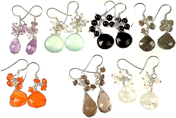 Lot of Seven Faceted Gemstone Earrings<br>(Amethyst, Peru Chalcedony, Black Onyx, Labradorite, Carnelian, Smoky Quartz and Rainbow Moonstone)