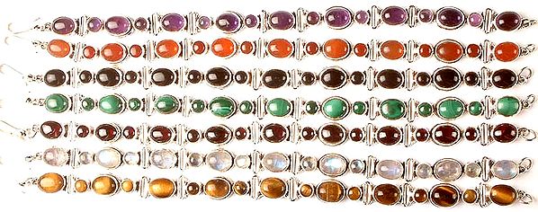 Lot of Seven Gemstone Bracelets<br>(Amethyst, Carnelian, Black Onyx, Malachite, Garnet, Rainbow Moonstone & Tiger Eye)
