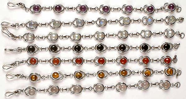 Lot of Seven Gemstone Bracelets<br>(Amethyst, Rainbow Moonstone, Pearl, Black Onyx, Carnelian, Tiger Eye & Rose Quartz)