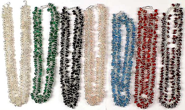 Lot of Seven Gemstone Bunch Necklaces<br>(Rainbow Moonstone, Green Onyx, Black Onyx, Rose Quartz, Blue Chalcedony, Carnelian & Garnet)