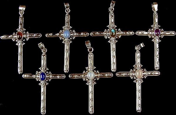 Lot of Seven Gemstone Cross Pendants<br>(Tiger Eye, Blue Chalcedony, Labradorite, Amethyst, Lapis Lazuli, Rainbow Moonstone & Rose Quartz)